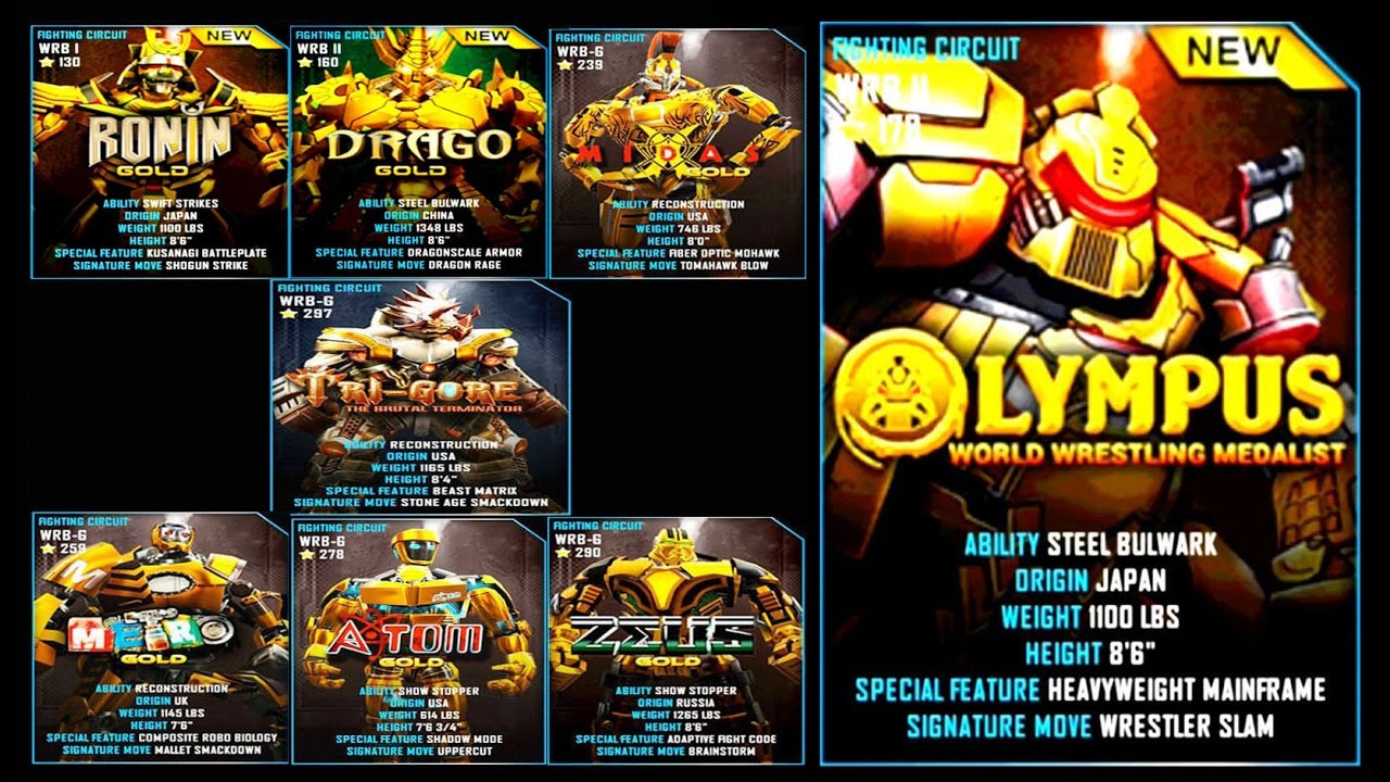 Real Steel WRB ALL GOLD ROBOTS VS OLYMPUS Series of fights NEW ROBOT (Живая Сталь)