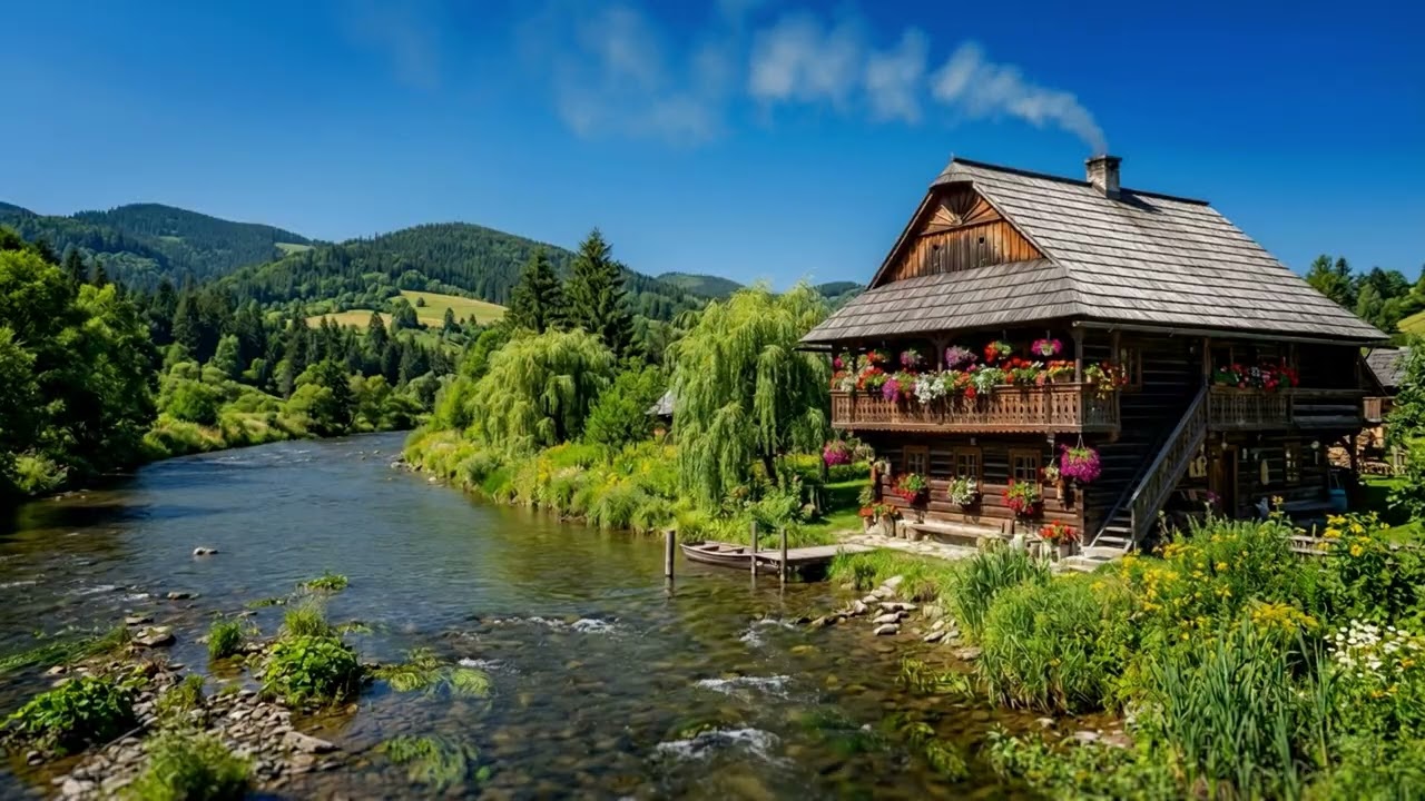 Sunset Cabin by Flowing River Cozy ASMR & Nature Glow
