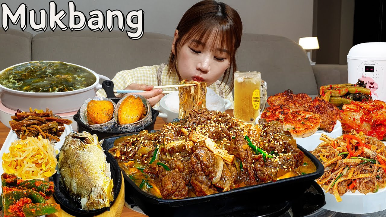 Sub)Real Mukbang- Мой день рождения 🥳 Корейская домашняя еда (12 блюд) 🍱 Лапша 🍜 ASMR