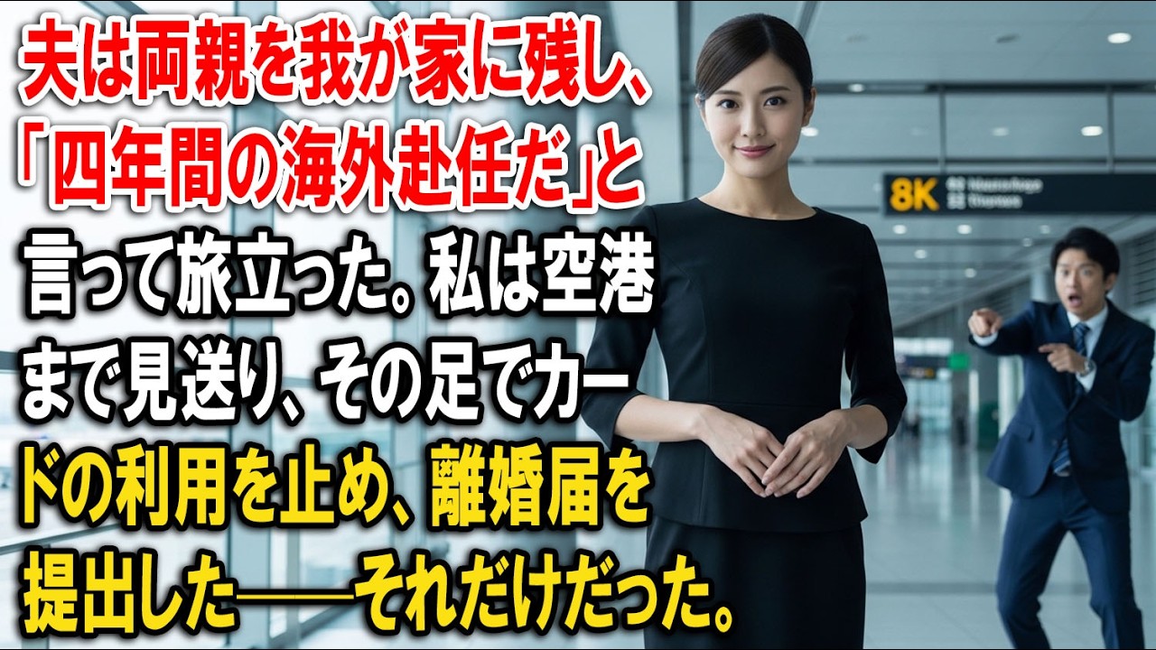 夫は両親を我が家に残し、「四年間の海外赴任だ」と言って旅立った。私は空港まで見送り、その足でカードの利用を止め、離婚届を提出した——それだけだった。【静かな復讐】【家族の裏切り】