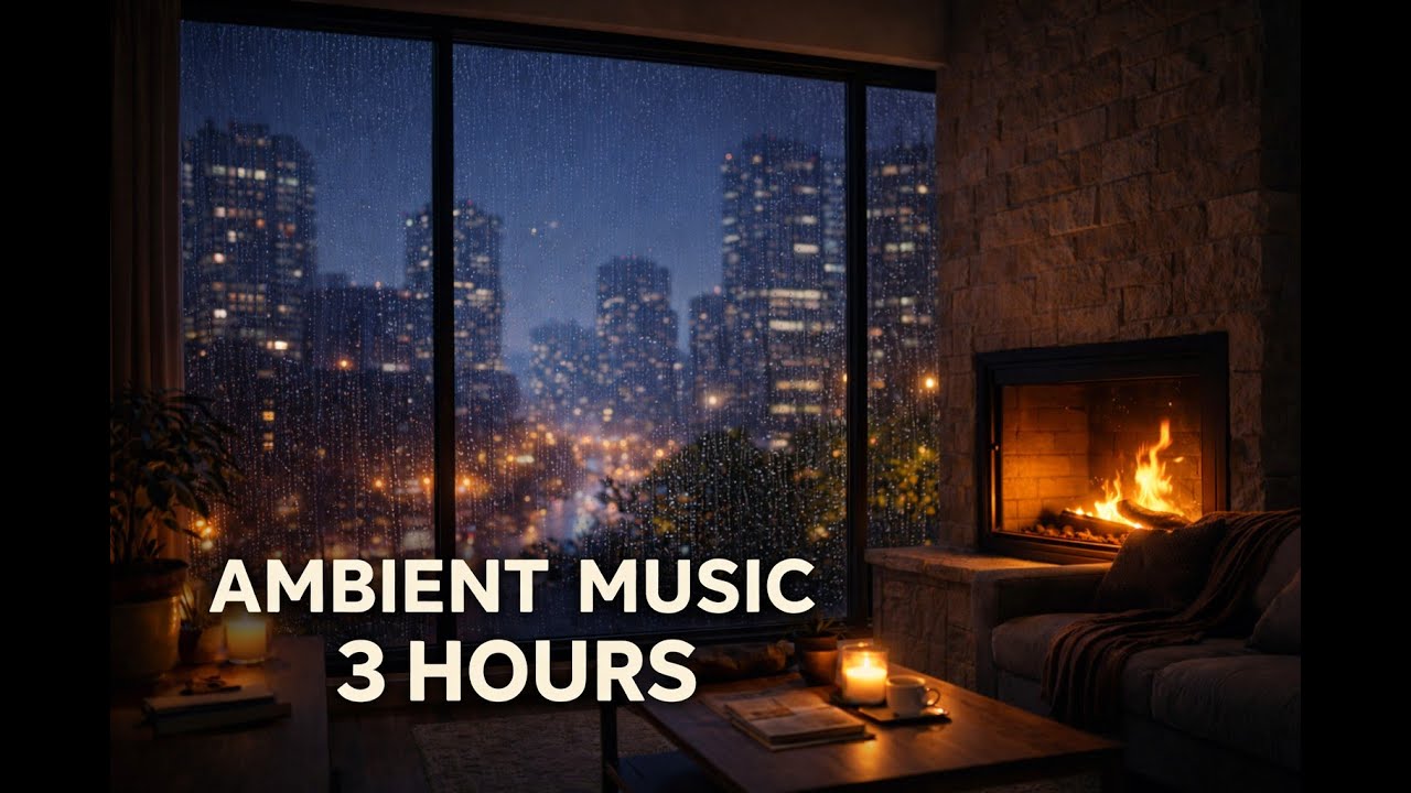 City Rain at Night with Soft Ambient Music – Cozy Fireplace Window for Relax & Focus (3 Hours, 4K)