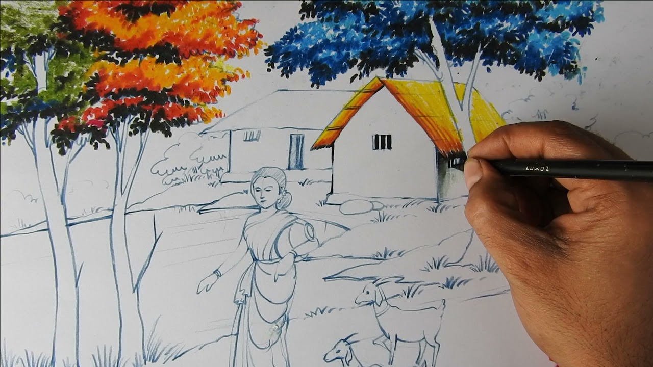 HOW TO DRAW EASY BEAUTIFUL SCENERY DRAWIMG WITH HUMAN FIGURE AND ANIMAL FIGURE WITH PASTEL COLOUR ||