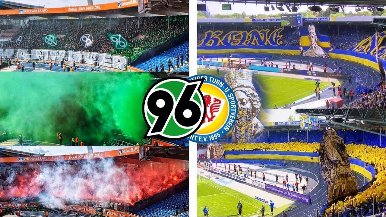 Eintracht Braunschweig vs Hannover96 derby - Pyro & choreo / Hannover-Ultras demolieren Gästeblock!