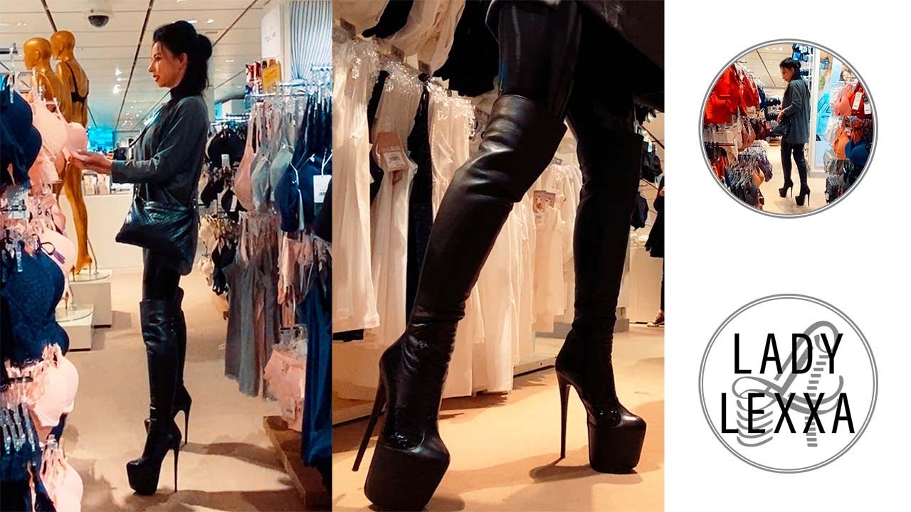 WALKING IN LEATHER OVERKNEE BOOTS AROUNS OLYMPIA EINKAUFZENTRUM. PERFECT HEELS BY TAJNA-CLUB-SHOES