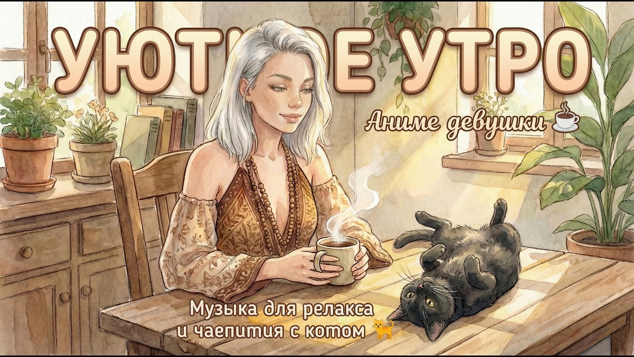 Уютное утро аниме девушки ☕ Музыка для релакса и чаепития с котом 🐈