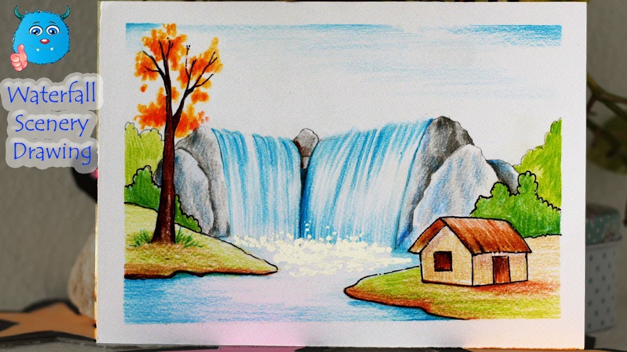 How to Draw Natural Scenery of Waterfall Drawing with Colour Pencil for Beginners