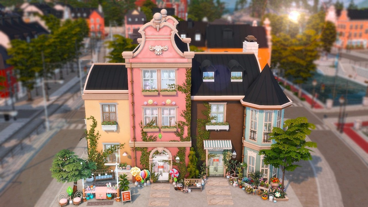 Flower & Candy Shop + Family Home  (no cc) The Sims 4 Businesses & Hobbies Speed Build