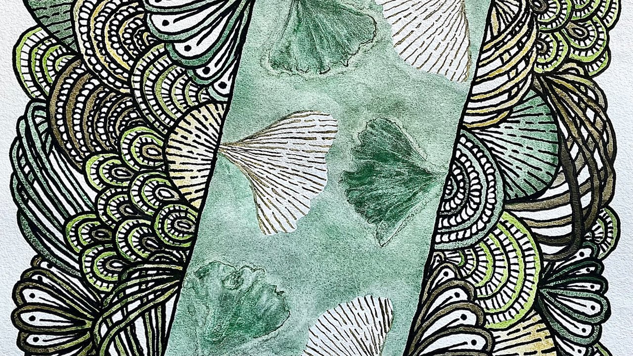 Pressed leaf imprint on watercolor w/ abstract details & doodles🌱Doodle/paint along, written guide