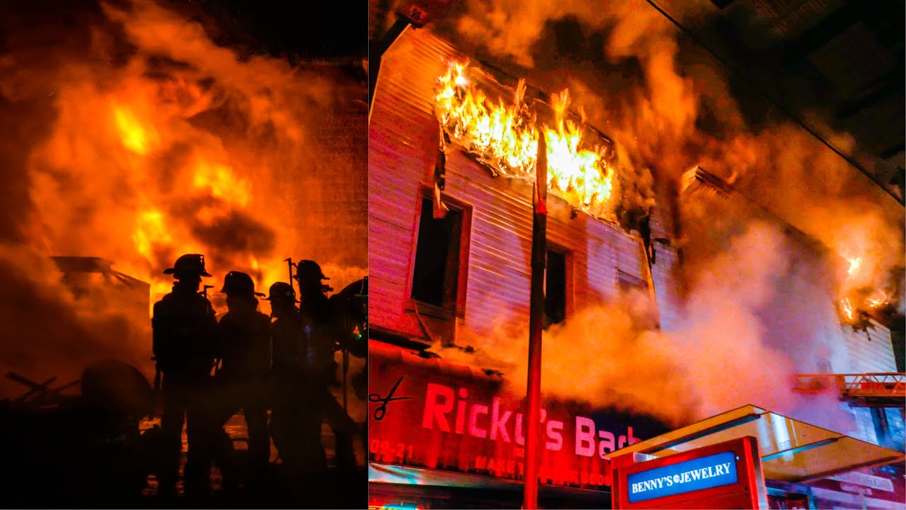 **6-ALARM FIRE IN 7 BUILDINGS!** FDNY Battles HEAVY FIRE in Row of Stores  [ Queens Box 9633]