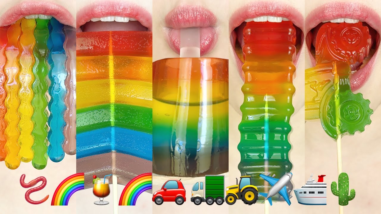 asmr COLORFUL RAINBOW JELLY 🪱🌈🍹🌈🚗🚛🚜✈️🛳️🌵 알록달록 무지개 젤리 이모지 먹방 eating sounds