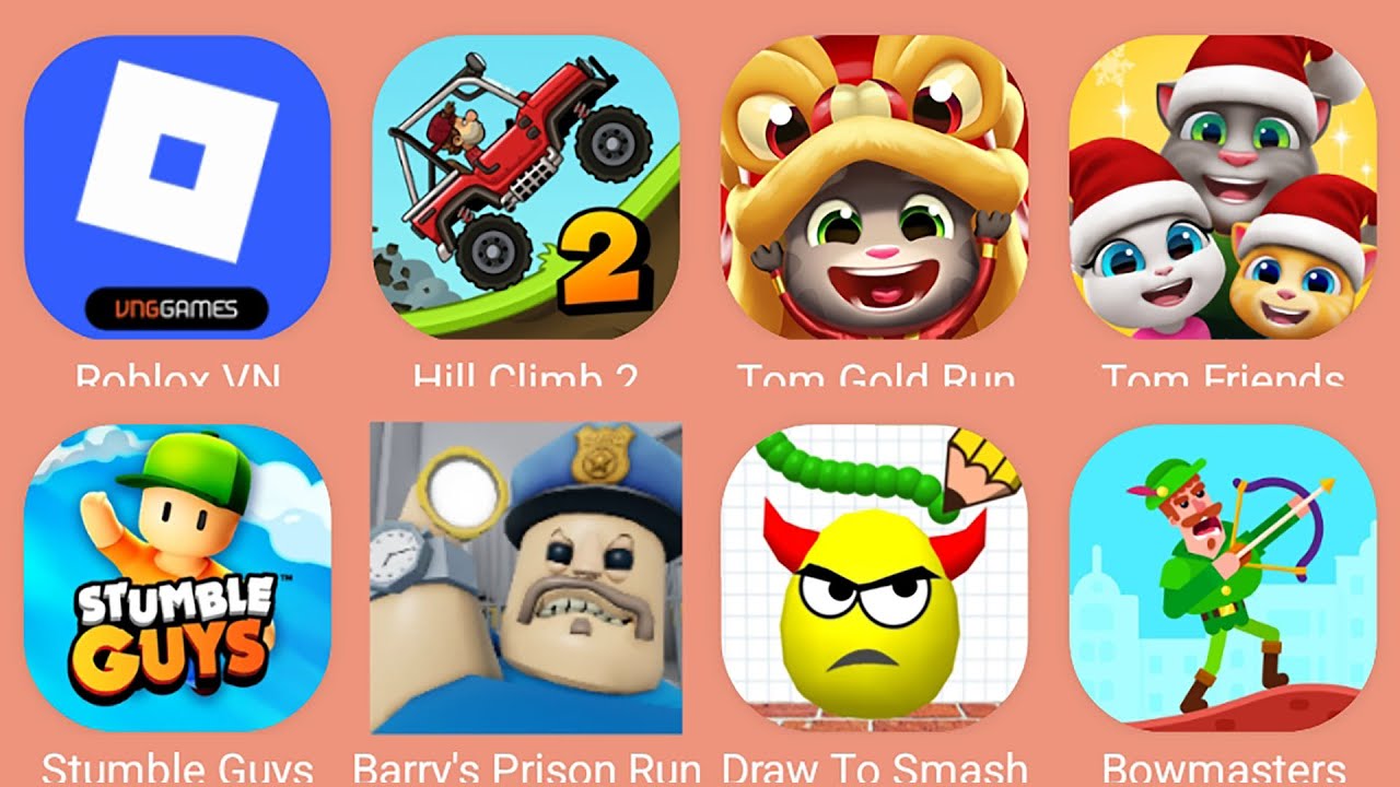 Roblox,Barry's Prison Run,Draw To Smash,Bowmasters,Tom Friends,Stumble Guys,HCR 2,Tom Gold Run