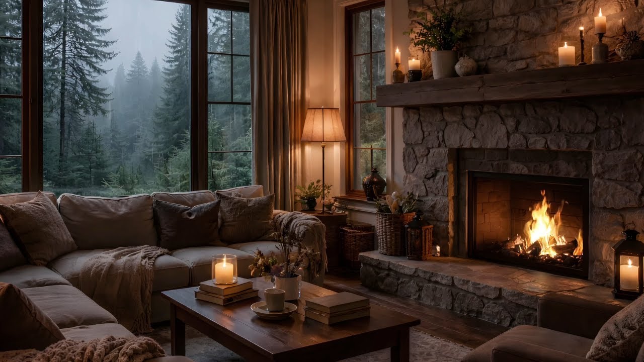 Cozy Fireplace by the Forest | Rain Sounds for Sleep, Study & Relaxation | Calm Ambience