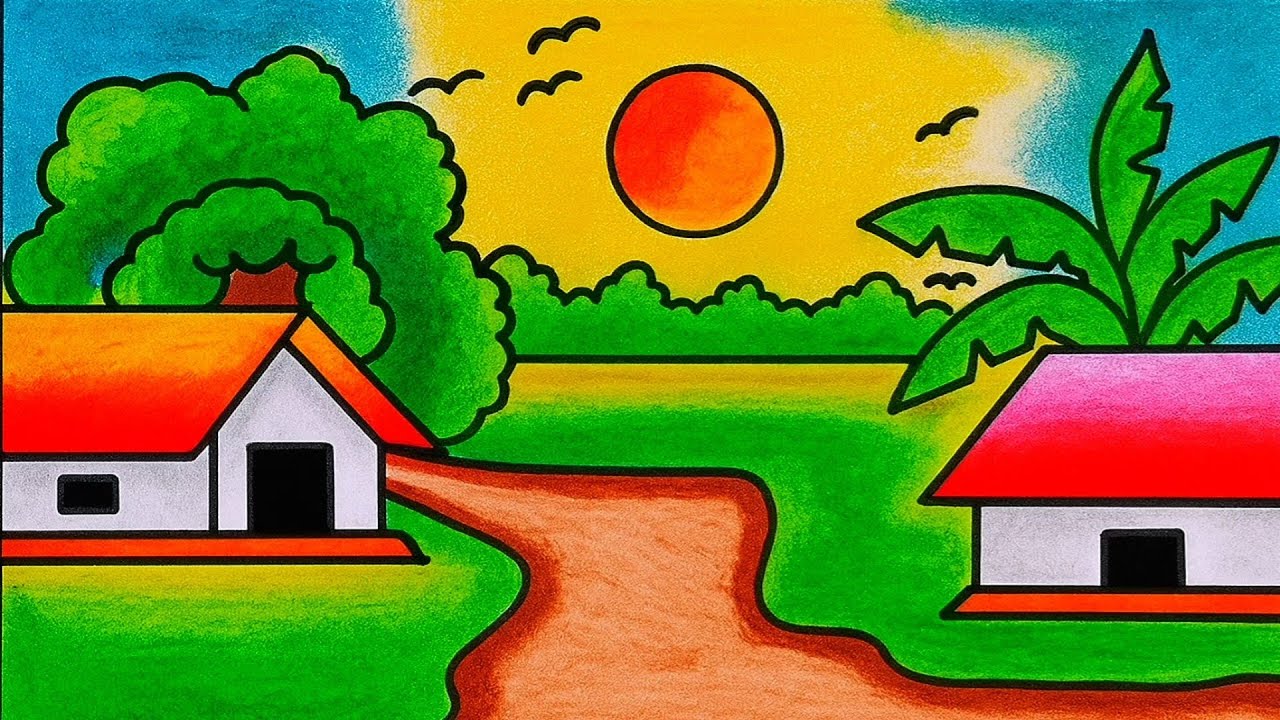 How to Draw Beautiful Village Scenery with House, River, Trees & Mountains | Easy Drawing Tutorial