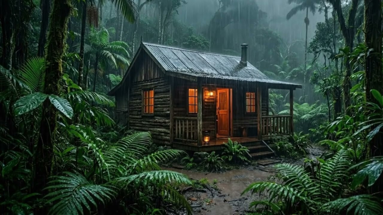 Rain Lashes a Dark Forest Cabin 🌧️ Cozy Fireplace & Heavy Rain Sounds for Study & Deep Sleep