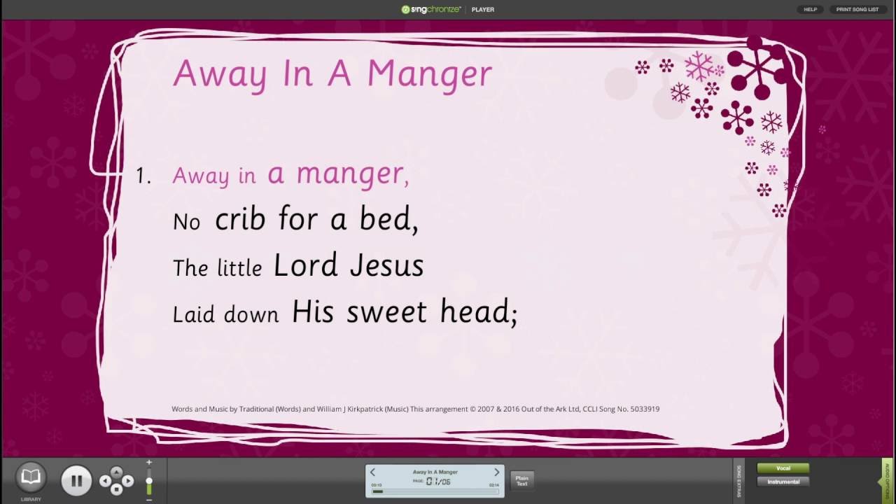 Away In A Manger Assembly Songs from Out of the Ark &ndash;Words on Screen - Christmas Carols