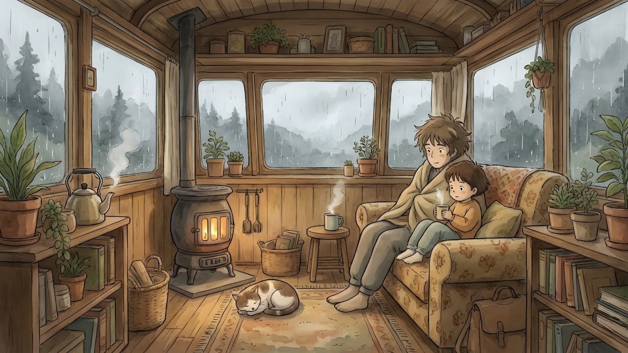 A Rainy Day in Our Mobile Home: Cozy Moments Together | Ghibli-Style Video