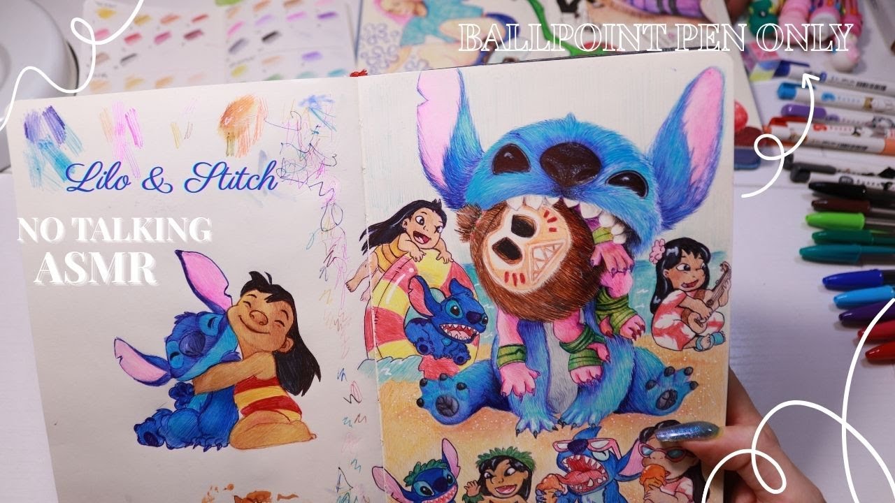 Relaxing ASMR Drawing Lilo & Stitch (No Talking) | Ballpoint Pen Art