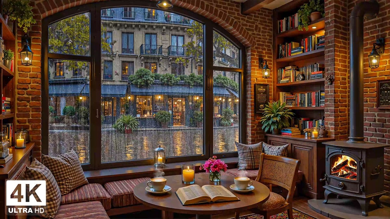 Rainy Evening in a Old Town Café ☕️ Soft Jazz & Fireplace Ambience for Peaceful Study & Relax