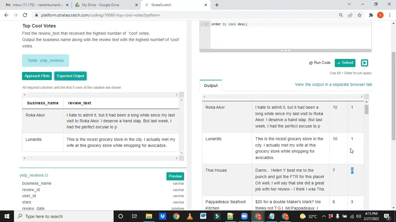 Solving Yelp Interview Question | Highest number of top Cool Votes