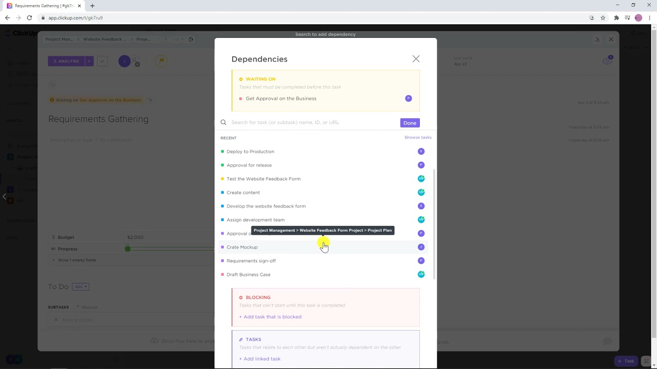 ClickUp Task Options - Subtasks, Checklists, dependencies, permissions and more