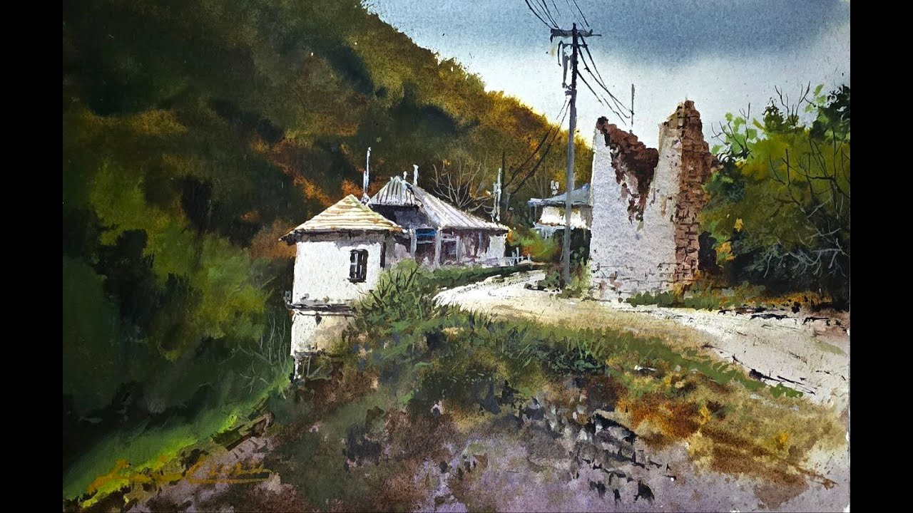 Watercolor painting tutorial - Village Scene