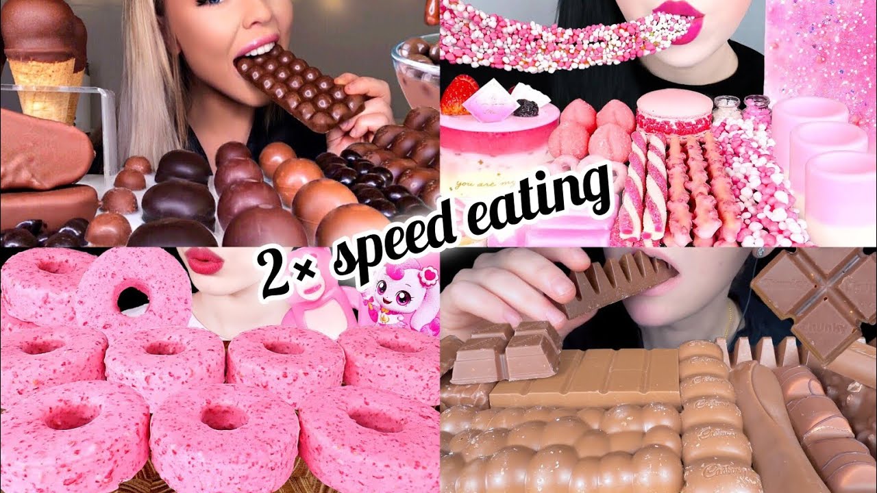 2× SPEED EATING ASMR CHOCOLATE & PINK SWEETS 🍫💗 Super Crunchy, Satisfying Sounds!