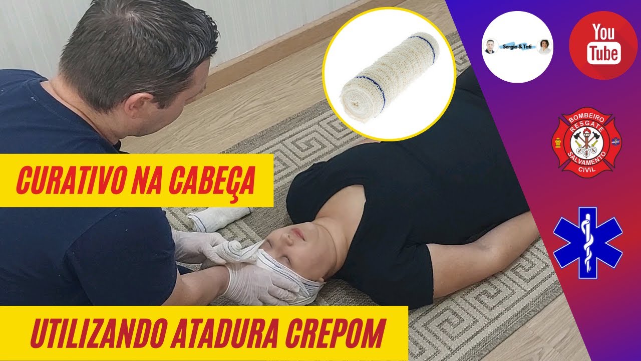 CURATIVO COMPRESSIVO COM ATADURA DE CREPOM, PARA FERIMENTO NA CABEÇA EM VÍTIMA DEITADA #bombeiro