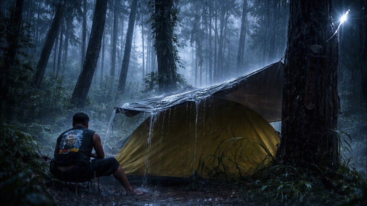 ALONE IN A VIOLENT STORM | Solo Camping in a Warm Tent with Heavy Rain Sounds