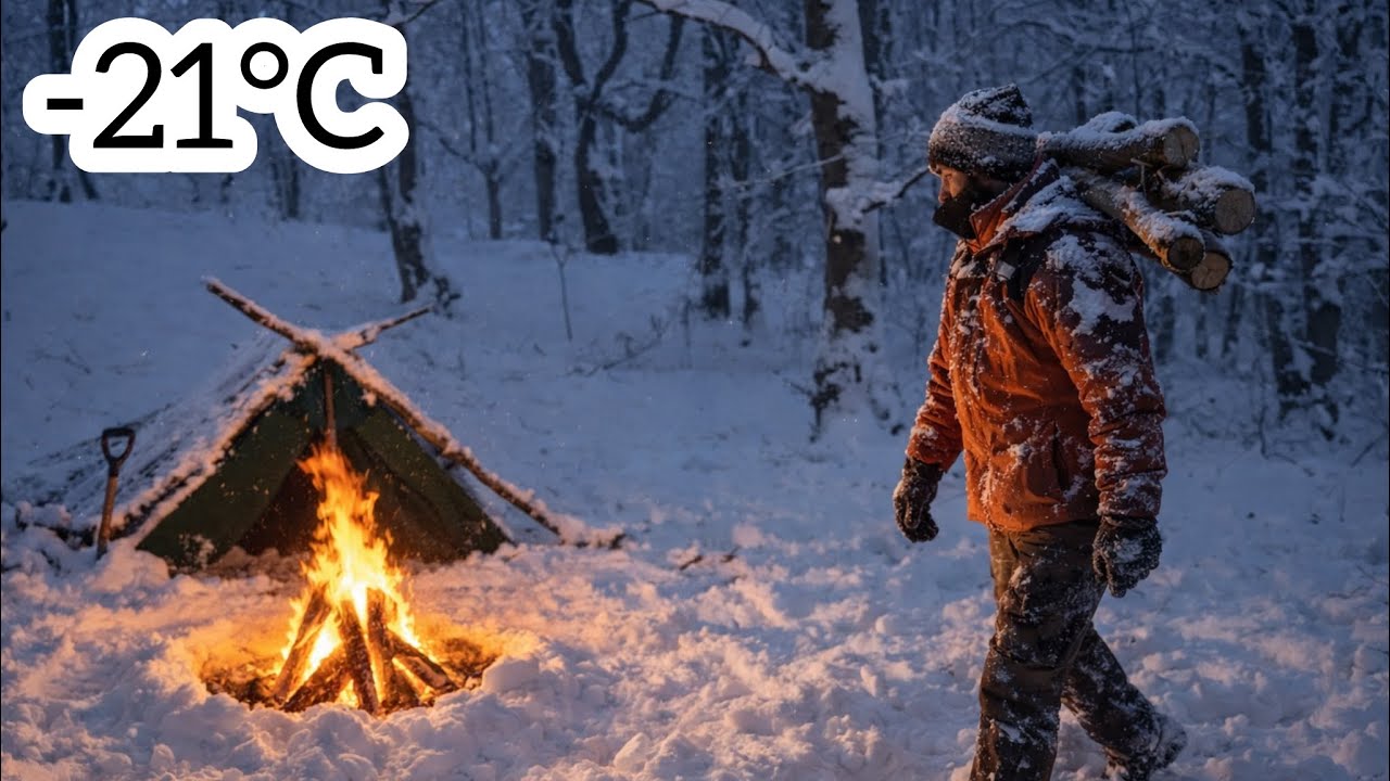 No tent, No sleeping bag - Extreme Winter Survival Camping (OF/-21C)|winter camp in blizzard