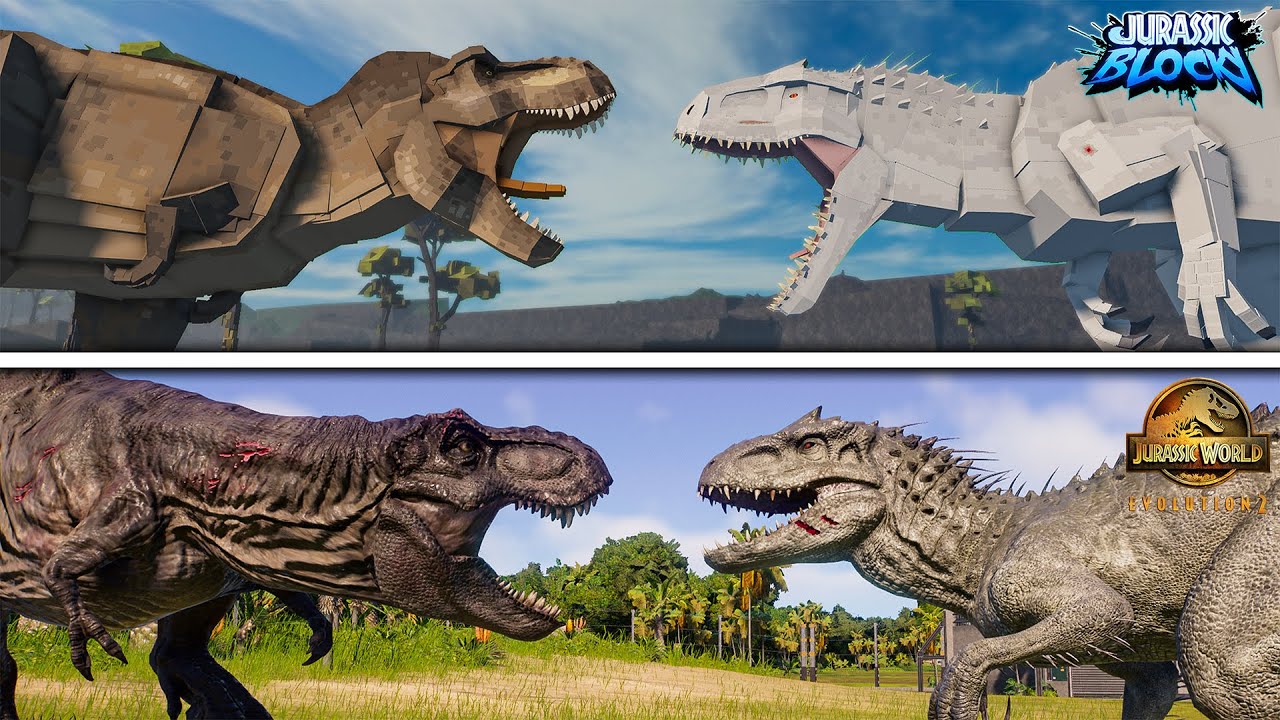 Jurassic Blocky Vs Jurassic World Evo 2 T-Rex & I-Rex Battle!