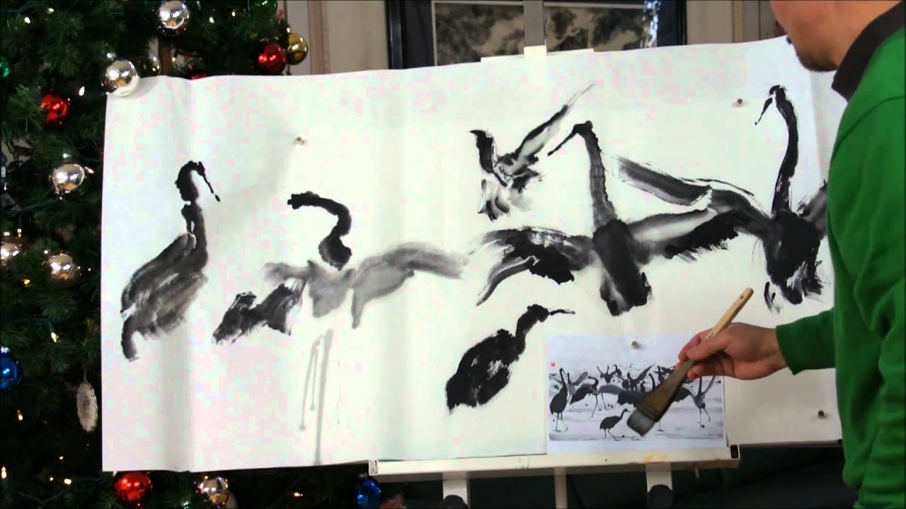 2011 New Year's Wishes with Dancing Cranes Chinese Brush Painting on Double Xuan Paper
