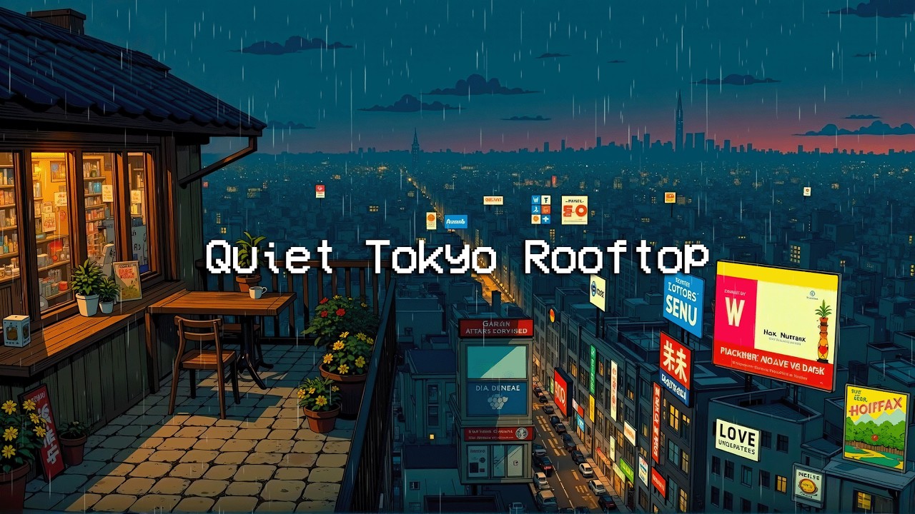 Quiet Tokyo Rooftop 🌃 Cozy Balcony Lofi Music with Neon City View to Sleep Well, Relax, Study 📚