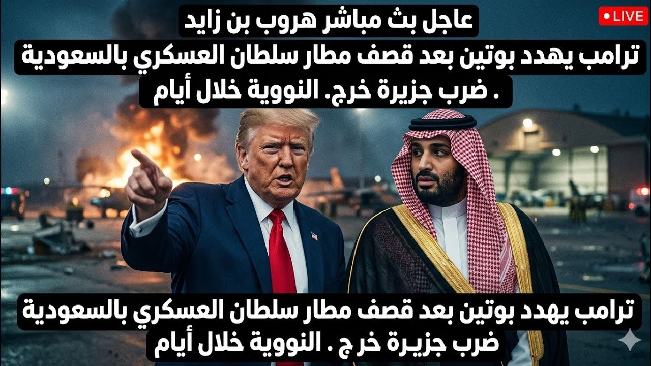 عاجل بث مباشر هروب بن ذايد ترامب يهدد بوتين بعد قصف مطار سلطان بالسعودية .ضرب الجزر.النووية بعد قليل
