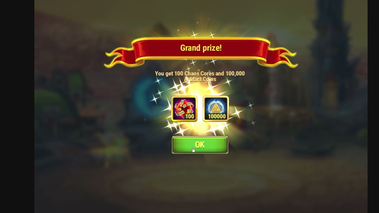 Hero Wars Artifact Chest Grand Prize: 100 Chaos Cores, 100,000 coins!