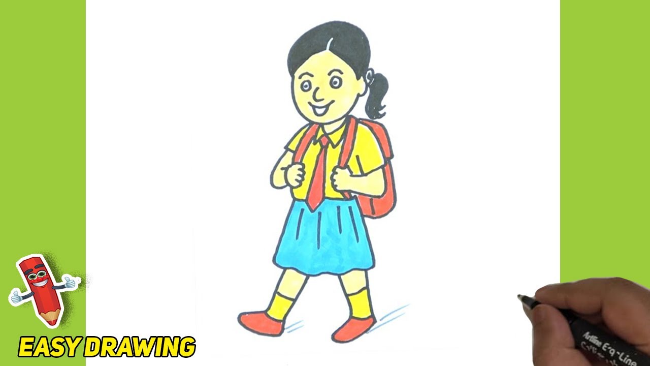 How To Draw School Girl step by Step and Easy | School Girl Line Illustration  | School Girl drawing