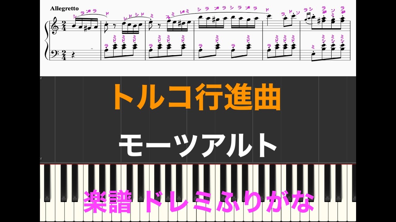 トルコ行進曲　モーツアルト　ピアノ楽譜　Turkish March　ヴォルフガング・アマデウス・モーツァルト　ピアノソナタ第11番第3楽章　ピアノ楽譜　ドレミふりがな付き