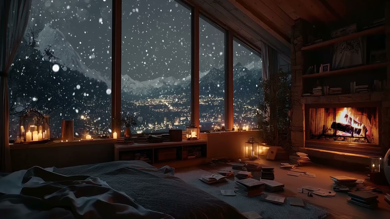 Warm Winter Retreat ❄️ Fireplace Glow and Snowfall Outside for Deep Sleep & Relaxation 🌨️🔥
