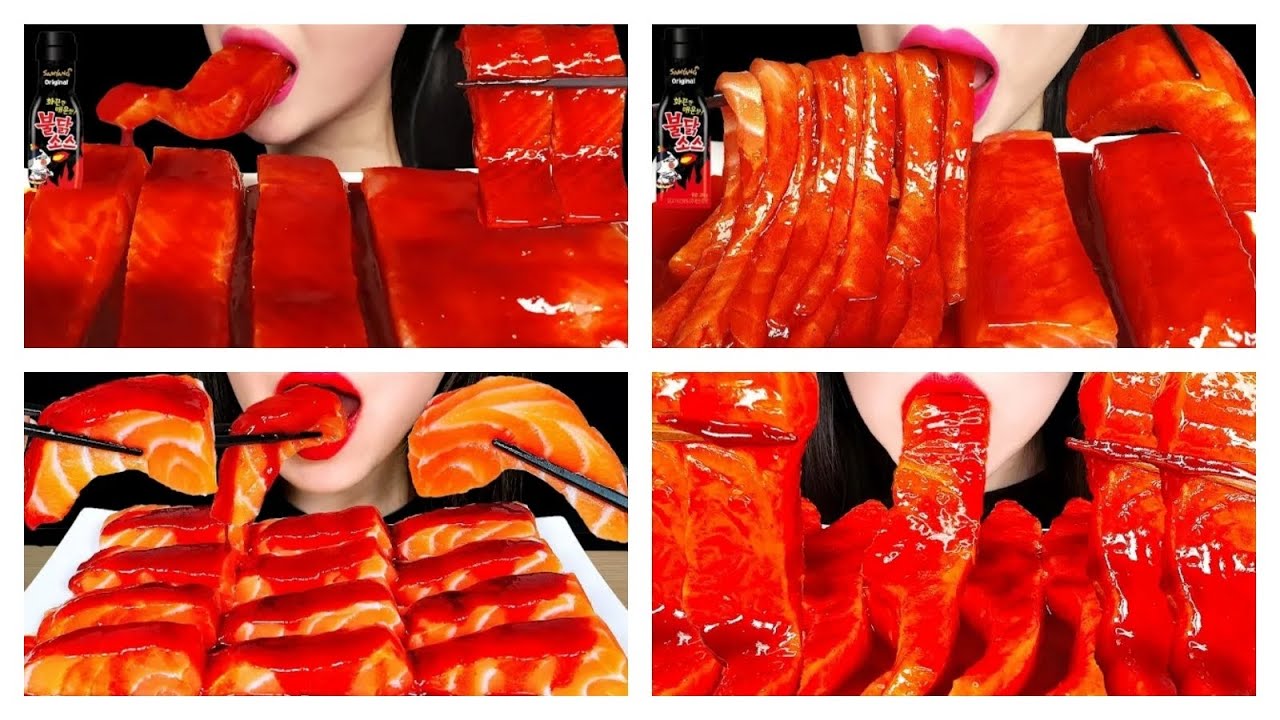 ASMR SPICY FIRE SAUCE SALMON SASHIMI//EATING SOUNDS//COMPILATION//SATISFUYING VIDEOS 🥰