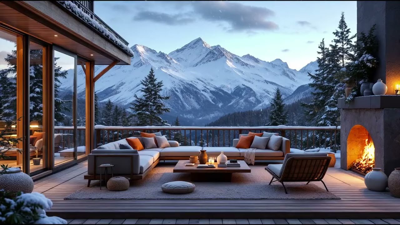Cozy Winter Terrace ❄️ Relaxing Jazz, Snowfall & Fireplace 🔥 Sleep & Study [4K]