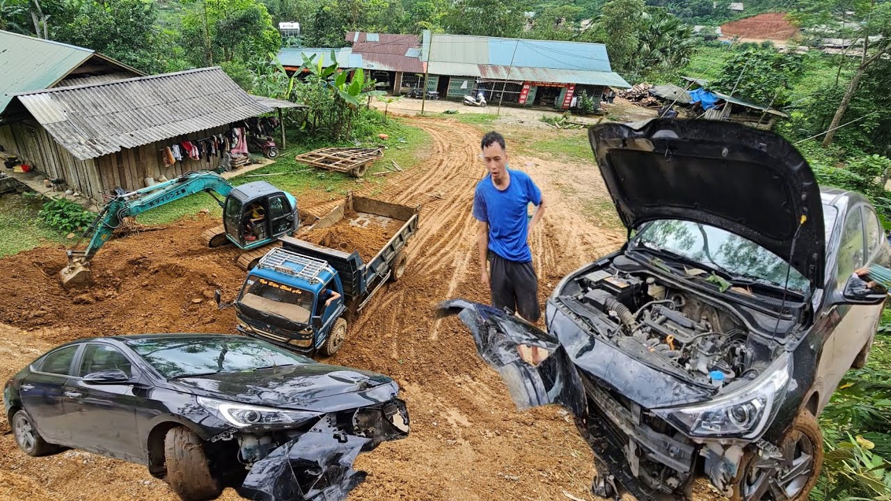 the driver and the girl Driving an excavator,Car carrying land.rescue Car plunged off the cliff.