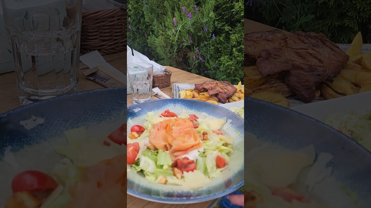 Nice terrace & dinner: salmon salad & pork🌞💕#subscribe #dinnerinspo #latte #sunday 💕 #celebration