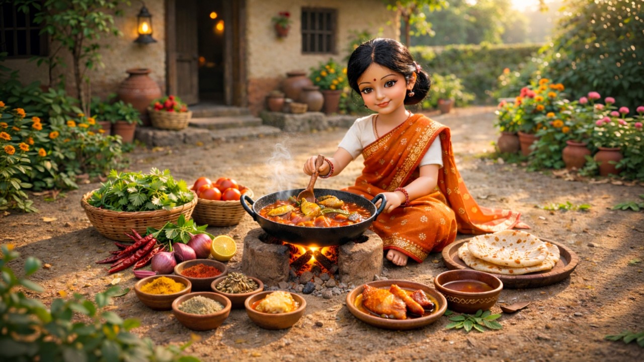 Miniature Doll Cooks Fish Tomato Curry and Fresh Roti ASMR | Mini India Universe.