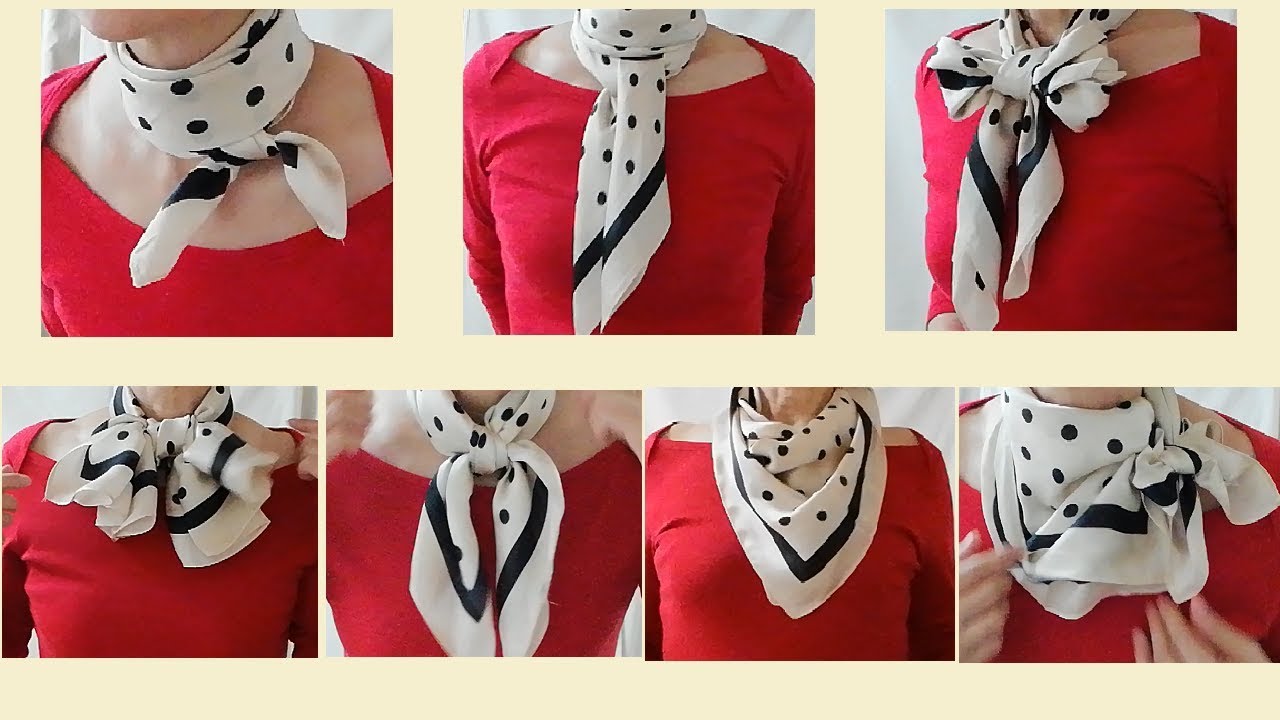 ♥水玉模様の【スカーフの巻き方】赤のアウターと一緒に１８アレンジ！18 ways to wear a polka dot scarf