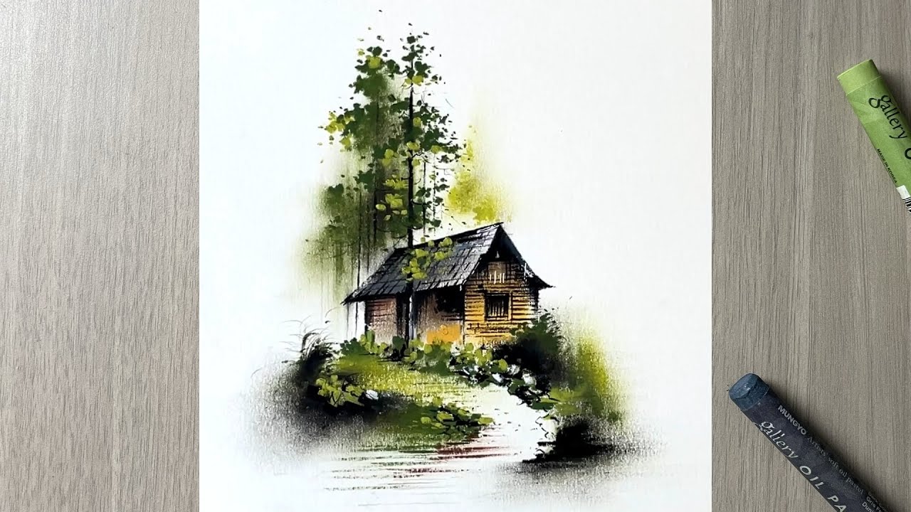 Minimal oil pastel scenery with house and trees
