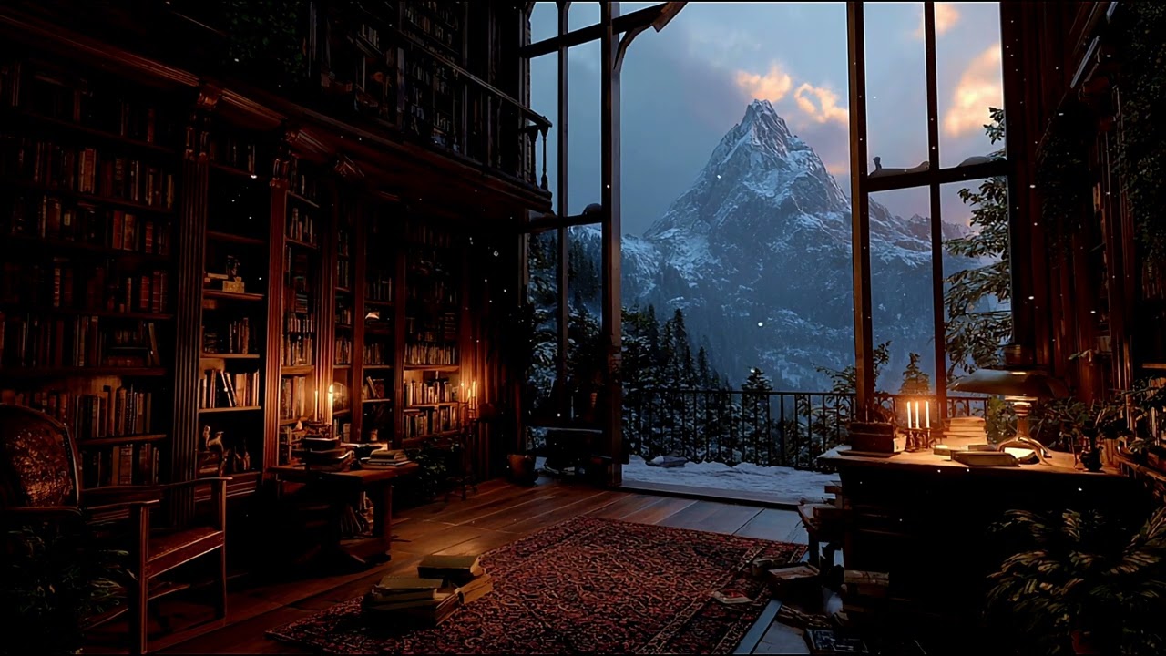 Snowy Library 📚🏛️ Soothing Piano Music ✨ Fantasy World Ambience for Sleep & Focus