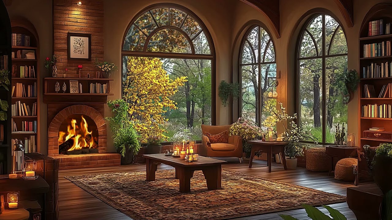 4K  Spring Cozy Porch Coffee Ambience 🎹 Smooth Jazz Background Music to Relax/Study/Work to
