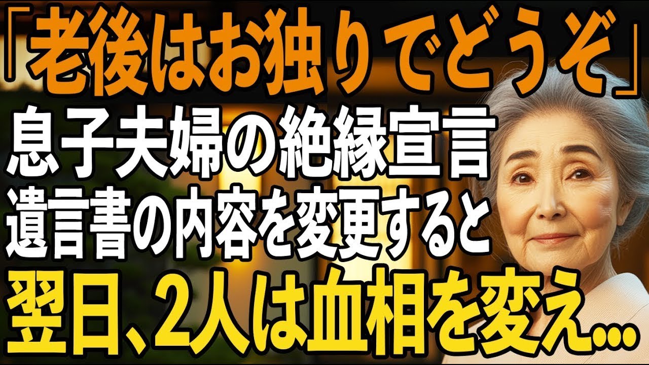 「老後の面倒はお断り！」息子夫婦に絶縁宣告されたその夜、私は遺言書を変更し1億円の全財産を処分翌日、私のことを散々侮辱していた息子が電話で震えていました【シニアライフ】【60代以上の方へ】