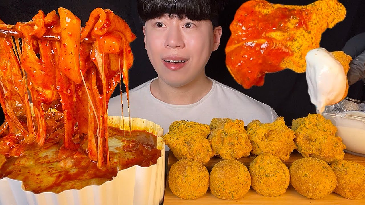 SUB) Корейская еда, острый сыр ттокпокки, курица bburinkle mukbang asmr