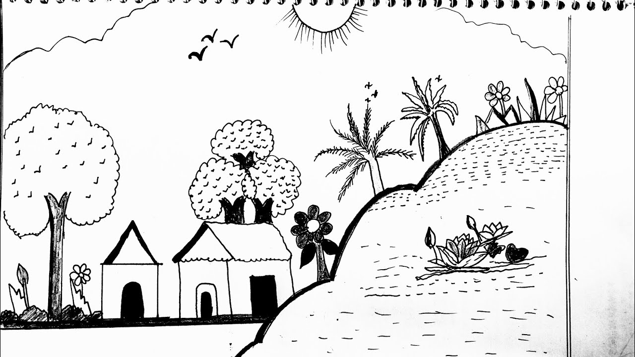 How to draw a beautiful scenery with pencil Sketch😱 Village Secenery drawing For kids step by step