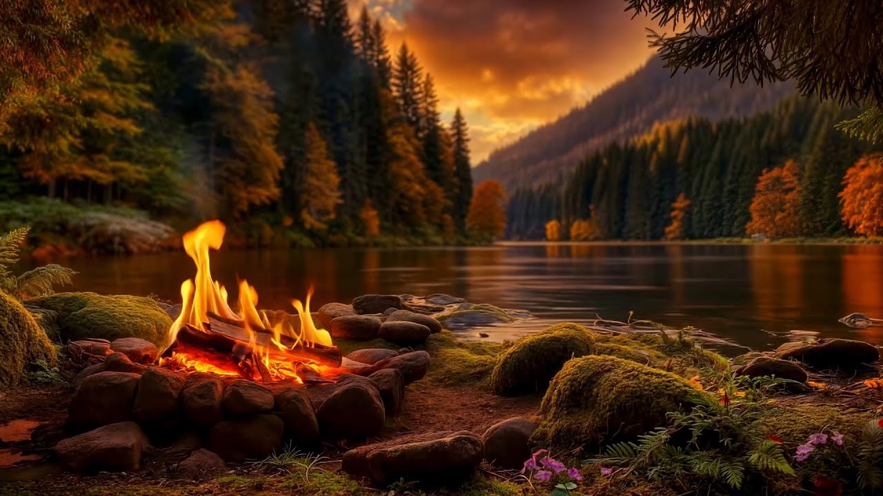 🔥Stress-Free Cozy Ambience at a River Campfire with Calm Water Flow and Warm Cabin View